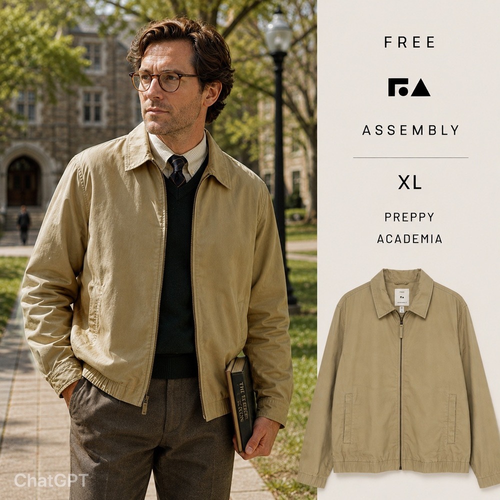 NEW Free Assembly Coach Jacket Mens XL Khaki Cotton Harrington Style Academia